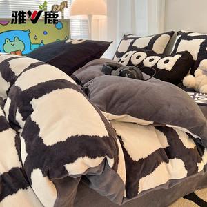 Yalu Комплект постельного белья из теплого молочного вельвета, 150 см, пододеяльник 200х230 см, черно-белая клетка, мягкий и теплый