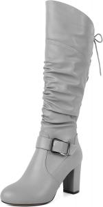 Женские сандалии Zamikoo, свободные ботильоны до колена с круглым носком, массивным каблуком, боковой молнией и металлической пряжкой, высокие повседневные сапоги на каблуке 3,5 дюйма, Grey