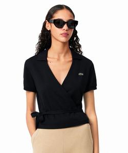 Эластичная поло-рубашка пике с запахом спереди, укороченным коротким рукавом