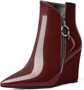 Женские ботильоны Eldof на танкетке с острым носком и молнией, короткие ботинки на каблуке 3,5 дюйма для ходьбы, Patent Burgundy