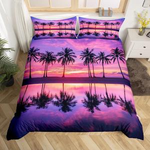 Erosebridal Комплект постельного белья Hawaii Queen с тропическим принтом океана и пальм в фиолетовых тонах, Pink Green