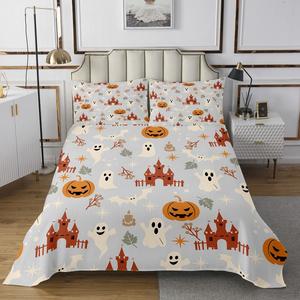 Erosebridal Комплект постельного белья King с принтом тыквы, летучих мышей и замков в готическом стиле для детей, Orange White
