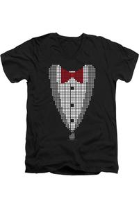 Теория большого взрыва пикселизированный смокинг короткий рукав взрослый V-образный вырез премиум хлопковая футболка / футболка Gildan, черный