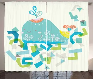 Штора ABAKUHAUS в геометрическом деревенском стиле с изображением улыбающегося кита, присборенная, для спальни, с петлями и крючками, 280 x 175 см, сине-желтый и зеленый