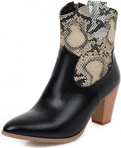 Женские ковбойские ботильоны на высоком каблуке с острым носком, застежкой-молнией и массивным каблуком JOEUSTY, Black/Serpentine-Velvet Lined
