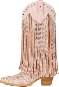 Женские ковбойские сапоги AIJIVOU с бахромой и стразами, блестящие западные ковбойские сапоги с заостренным носком, средним каблуком на толстом блоке, сапоги до середины икры для женщин и девушек для вечеринок, Pink