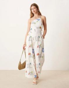 Льняной комбинезон ASOS DESIGN на одно плечо с открытой спиной и принтом в стиле casual