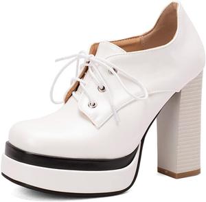 CoceMoce Стильные массивные высокие ботильоны на толстом каблуке для женщин, с закрытым квадратным носком, на шнуровке, с платформой, каблуки-помпы, нарядная обувь для вечеринок и танцев, White