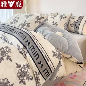 Yalu Комплект постельного белья из 4 предметов (простыня на резинке 200 см, пододеяльник 220х240 см), утолщенный молочный вельвет, цвет Huajie-Gray