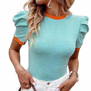 Женская блуза slim-fit с контрастной отделкой и полосатыми рукавами-фонариками Clearflower