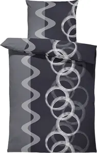 Комплект постельного белья с кругами в черном, антрацитовом, сером и серебристом цветах, современный хлопковый перкаль, размер: 4 предмета, 155x220 см - большой размер One-Home
