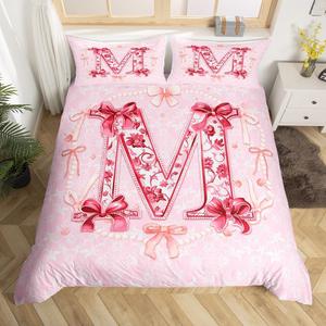 Erosebridal Комплект постельного белья Initial M Kids для девочек с бантами и розовым цветочным принтом в стиле принцессы, Pink M