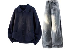 Повседневная спортивная одежда Unisex с лацканом Moderate X1617, темно-синий top+синий pants