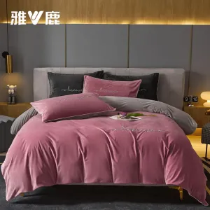 Yalu Комплект постельного белья 1,8 м, 4 предмета: пододеяльник 200х230 см, простыня, 2 наволочки, велюр, цвет красный бобовая паста + серый