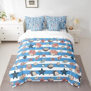 Erosebridal Комплект постельного белья Nautical с морскими животными и ракушками в синих полосках из легкого материала, Red White Blue