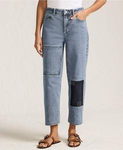 Женские джинсы из мягкого денима, средней посадки, свободного кроя, укороченные, с лоскутным узором Lands' End, Beau blue patchwork