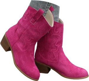 Женские ковбойские сапоги средней длины из замши, стильные с широким голенью, V-образным вырезом, с вышивкой, массивным каблуком, заостренным носком, ковбойские ботильоны, удобные, винтажные, элегантные, на слипоне, вестерн обувь ZSpzx, Hot Pink