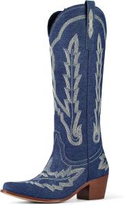 Женские ковбойские сапоги Ouepiano, высокие до колена, с классической вышивкой, на толстом каблуке, с заостренным носком, стильные ретро-сапоги на каждый день, Denim