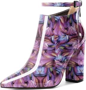 Женские ботильоны Soireelady с высоким массивным каблуком, заостренным носком, классической молнией, элегантные ботильоны на зиму с регулируемым ремешком на щиколотке, Patent Floral-Purple