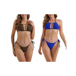 2 комплекта женского бикини с топом-бандо и треугольными трусиками на завязках Inspire Chic, Coffee Royal Blue
