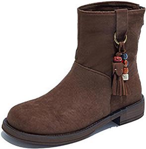 Женские замшевые ботильоны вестерн с низким массивным каблуком, кисточками, задней молнией, удобные, на платформе, с круглыми носками, низким блок-каблуком, короткие ботиночки для повседневной прогулки OXNGEOS, Brown