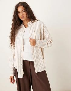 Рубашка-оксфорд свободного кроя AWARE в стиле бойфренда кремового цвета с бордовыми полосками
