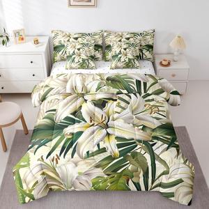 Erosebridal Комплект постельного белья с тропическим принтом пальмовых листьев и цветов, Green Cream