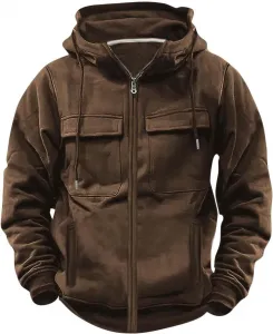 Мужская модная худи на молнии сплошного цвета с длинным рукавом и карманами