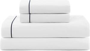 Tommy Hilfiger Комплект постельного белья Queen, хлопковый перкаль, белый с темно-синей полоской, наволочки