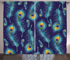 Штора ABAKUHAUS Павлин в деревенском стиле, с перьями павлина, присборенная штора из тесьмы для спальни с петлями и крючками, 280 x 225 см, темно-синий, оранжевый и бирюзовый Abakuhaus