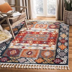 Ковер для пола SAFAVIEH, 92 x 153 см,  Farmhouse Collection Cream / Navy FMH847A в стиле бохо с марокканским племенным узором и кистями