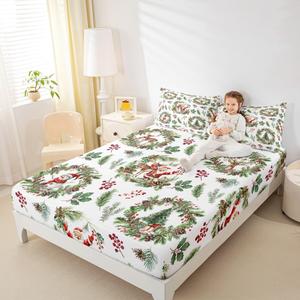 Erosebridal Комплект постельного белья Kids Xmas Santa Claus из хлопка с новогодним принтом в зеленых тонах, Red and Green