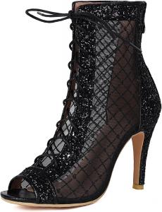 Женские джинсовые босоножки SHEMEE с сетчатой вставкой, открытым носком, высокими каблуками, кружевами, летние ботильоны с открытым носком и задней молнией, Black Glitter