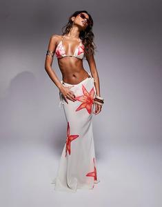 Пляжная юбка макси из полижоржета с цветочным принтом Candypants кремового цвета