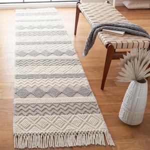 Ковер-дорожка SAFAVIEH, 69 x 275 см, Natura Collection, Ivory & Grey, ручной работы марокканский бохо с бахромой, шерстяной, идеально для помещений с высокой проходимостью в гостиной, спальне (NAT851A)