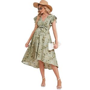Женское платье для беременных с V-образным вырезом, рукавами-фонариками и поясом Seoria, Green Floral