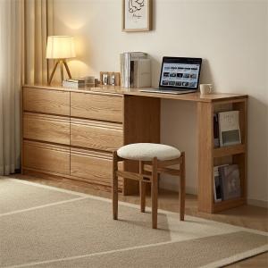Quanu Комод для спальни и гостиной из массива красного дуба, 6 ящиков, с выдвижным туалетным столиком и табуретом