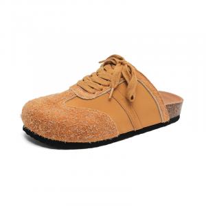 KYMOOU Коричневые унисекс домашние тапочки с закрытым носком на пробковой подошве, с меховой строчкой, кожаными вставками, бесшумные, устойчивые к скольжению и запаху, цвет Brown