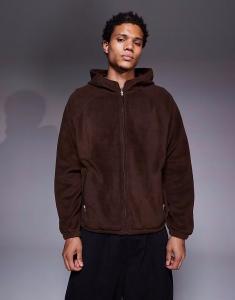 Свободная флисовая толстовка с капюшоном и воротником-стойкой на молнии коричневого цвета Asos Design