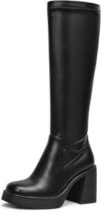 Choiran Женские черные высокие сапоги до колена - широкая голень, платформа, высокая обувь с квадратным носком и массивным каблуком, гоу-гоу сапоги