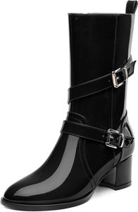 Женские сапоги до середины икры, низкий каблук, боковая молния, ботильоны до икры для женщин, круглый носок, модная лодыжка с ремешком и пряжкой RLYGHWAO, Black Patent