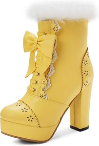 Женская мода Толстые каблуки Платформа Теплые меховые ботильоны на молнии Сладкий бантик Лолита Короткие ботинки LYYSKY, Yellow