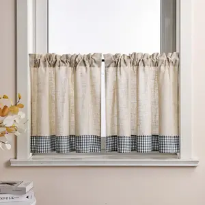 Штора из льна "Кафе", клетчатая, для кухни, современная, с карманом на штанге, полупрозрачная, ШxВ 60x90 см, синяя, 2 шт. Joyswahl