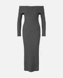 Женское длинное платье с лодочкой и длинными рукавами, канеле в рубчик, с полосками из люрекса Green Coast, черный