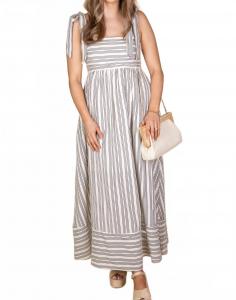 Льнли Льняное полосатое макси-платье в черно-кремовой гамме MIOU MUSE