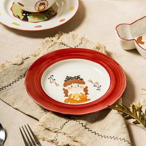 Ceramics Набор тарелок и мисок Vintage Girl, милые керамические тарелки и миски, подарок на день рождения лучшей подруге, новоселье, 8-дюймовая плоская тарелка с кружевом - красный
