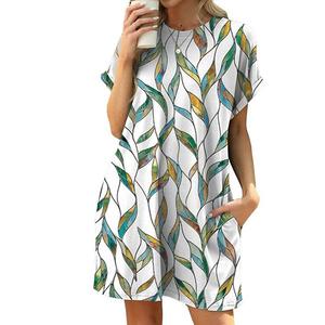Женское летнее платье мини с цветочным принтом, короткий рукав, свободный крой, карман Clearflower, Wave Flower