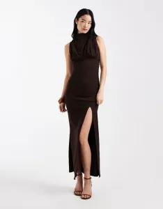 Шоколадное платье макси со сборками на лифе и выростом на шее ASOS DESIGN