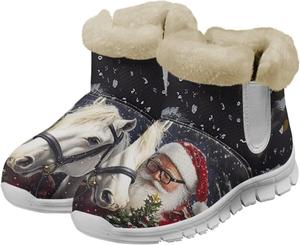 Рождественские зимние сапоги для женщин, теплые с меховой подкладкой, короткие ботильоны на низком каблуке, удобные, нескользящие, для улицы, на молнии Qoiuvncy, Santa Claus Horse