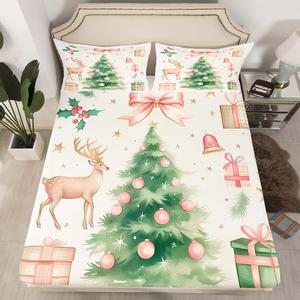 Erosebridal Комплект постельного белья с новогодним принтом розовые банты елка олени снежинки бабочки, Beige Pink